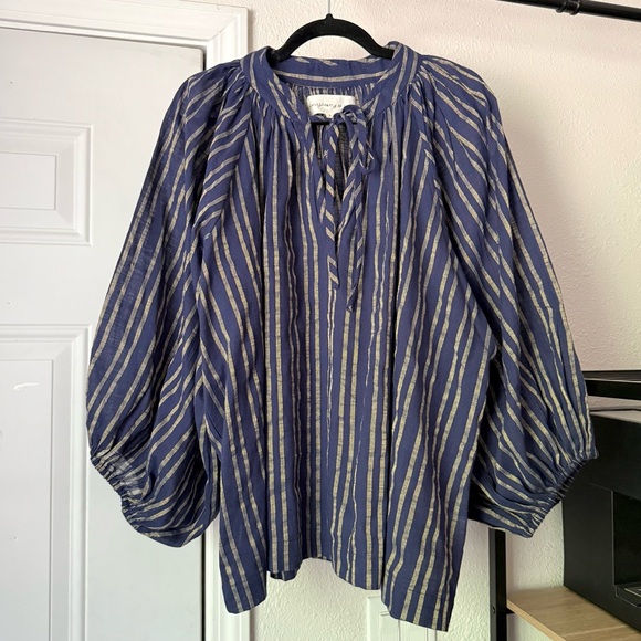 DAUGHTERS OF INDIA navy gold striped cotton puff peasant sleeve blouse shirt